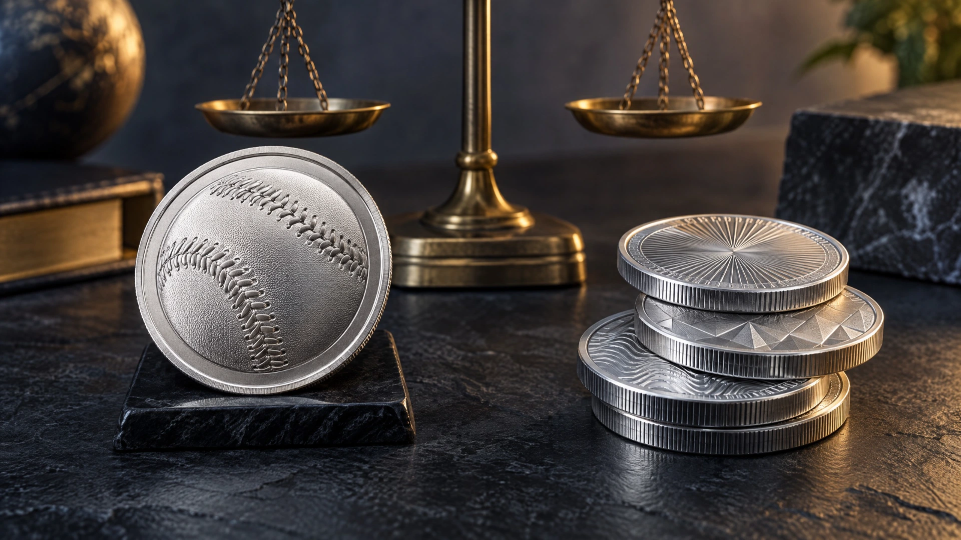 A finished baseball-themed collectible silver coin shown beside generic silver bullion rounds