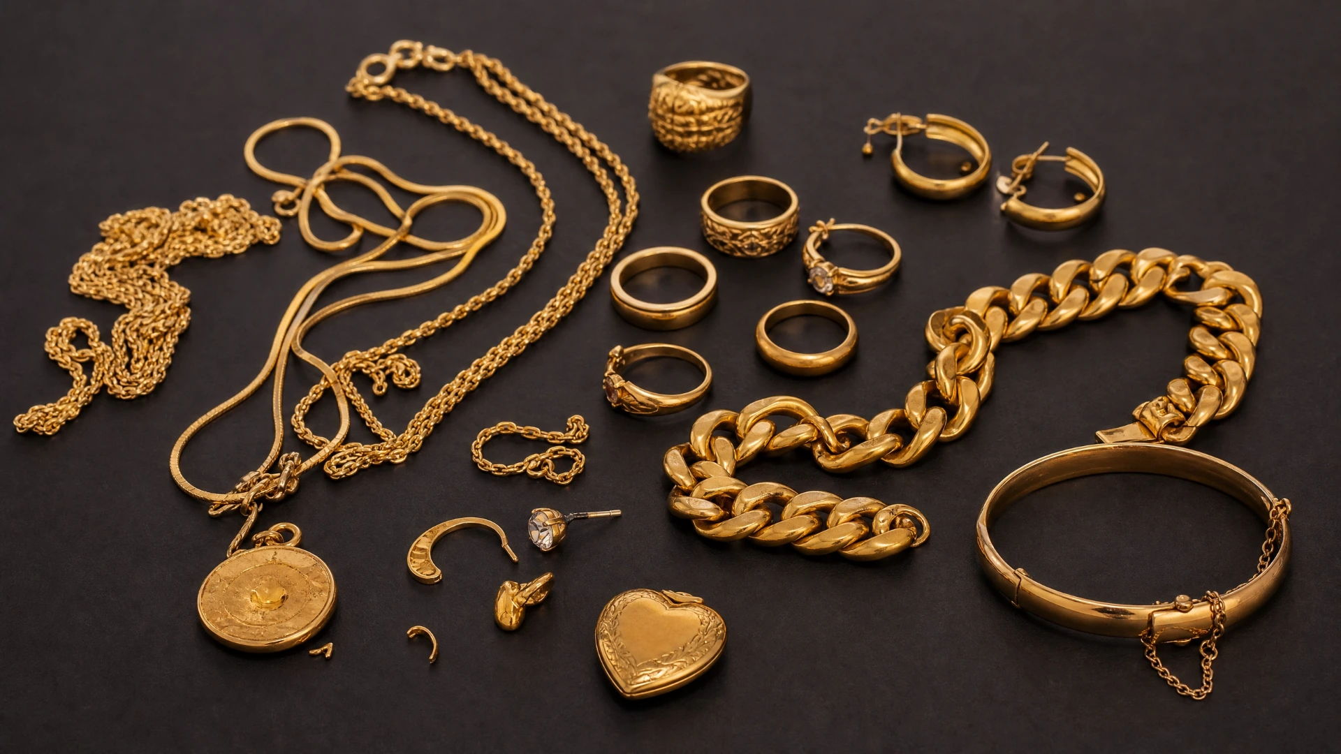 Diverse collection of gold jewelry including chains, rings, earrings, and bracelets laid out on a dark surface ready for evaluation