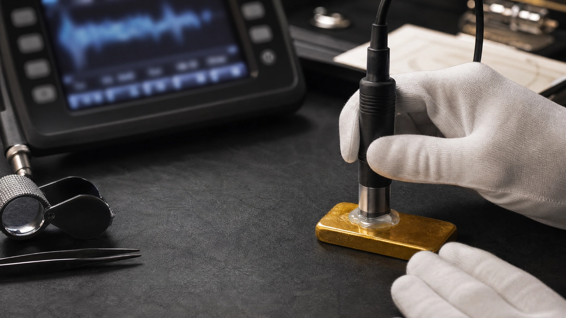 A gloved technician applying an ultrasonic probe to a gold bar on a testing bench