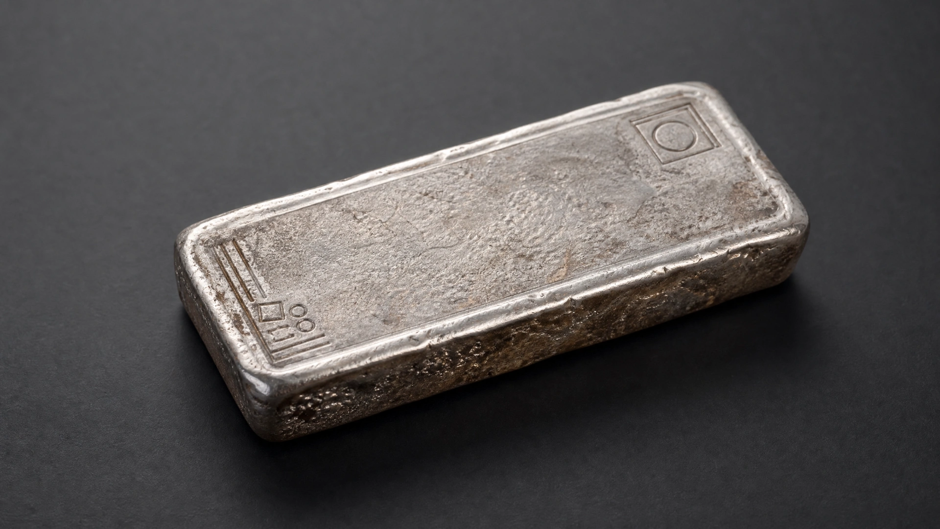 Hand-poured silver bar with textured surface and uneven gray-brown patina