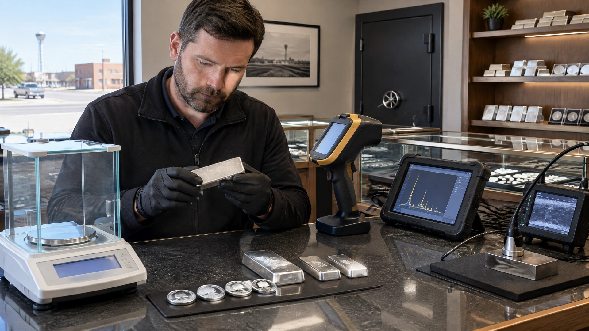 A precious-metals professional testing silver bullion at a dealer counter with a scale, XRF analyzer and ultrasound equipment.