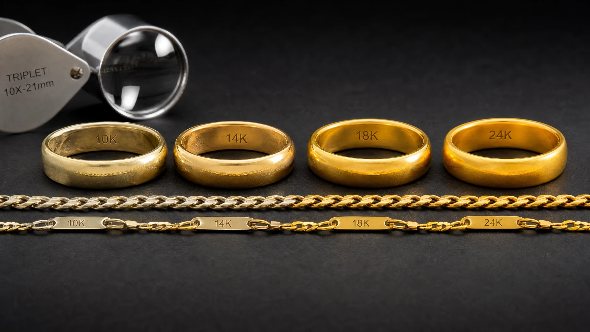 Side-by-side comparison of gold jewelry pieces showing different karat values from 10K to 24K with a jeweler's loupe