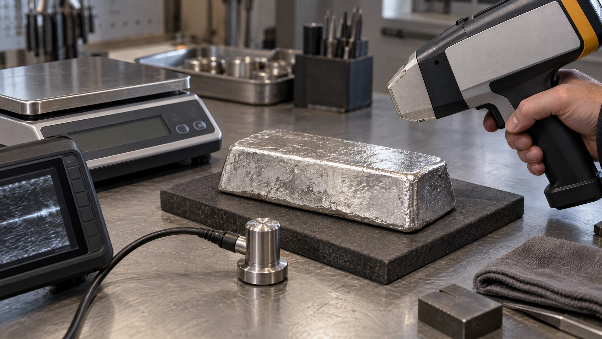 Hand-poured silver bar on a workbench beside a scale, an X-ray fluorescence analyzer, and an ultrasonic probe