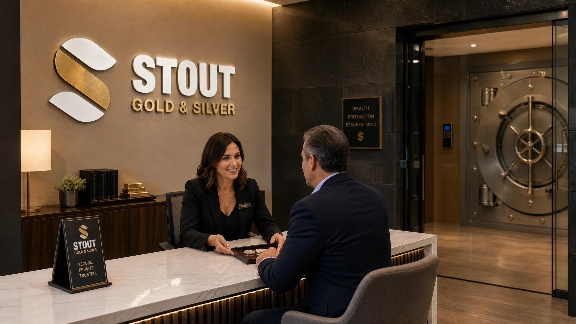 Stout Gold and Silver logo, a US dealer specializing in gold and silver trading and investment services.