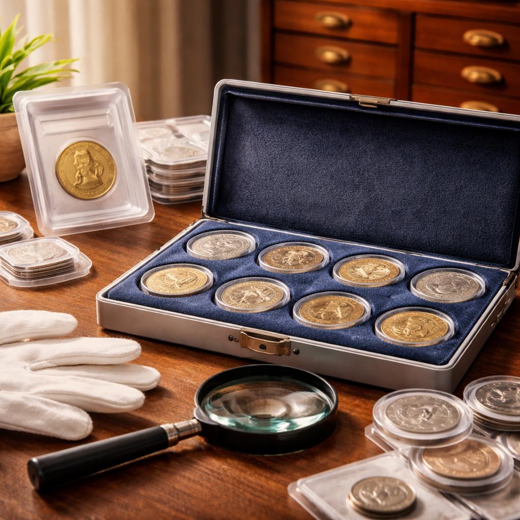 A table displaying a case of assorted coins alongside a magnifying glass for examination.