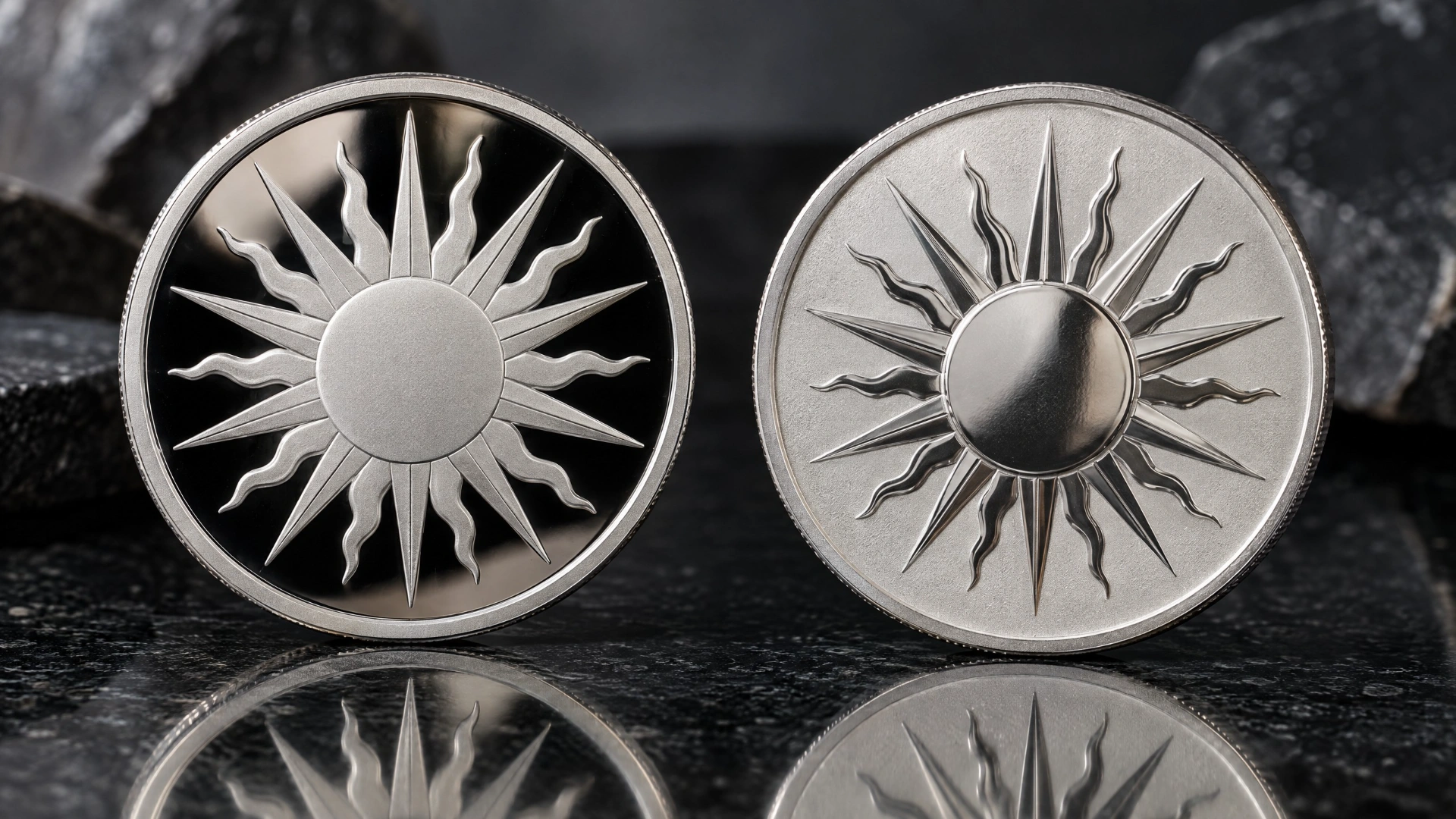 Two neutral silver coins comparing a mirror-field proof finish with a frosted-field reverse proof finish