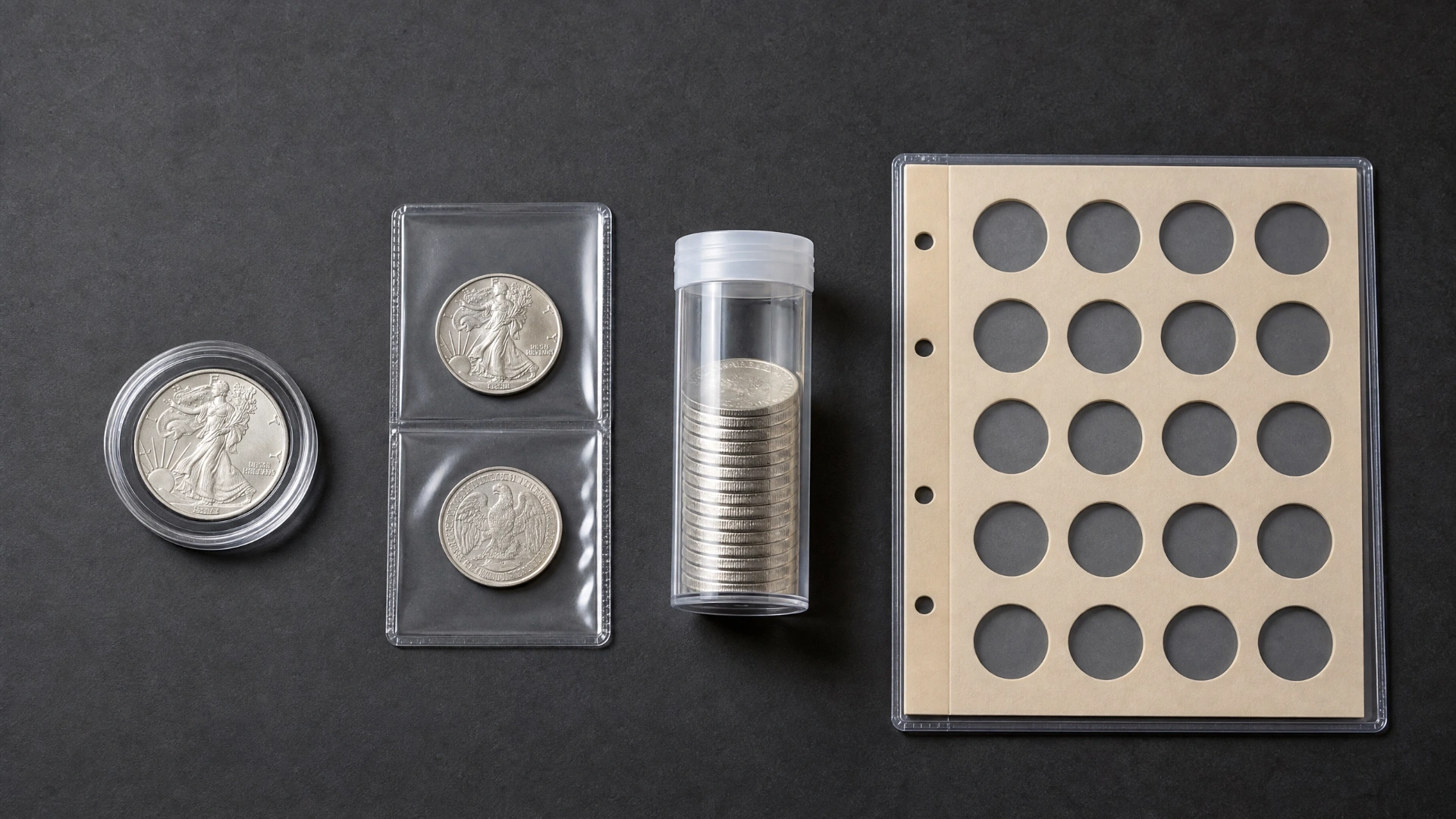 Four coin-storage formats arranged together: a capsule, a clear polyester flip, a coin tube and an album page