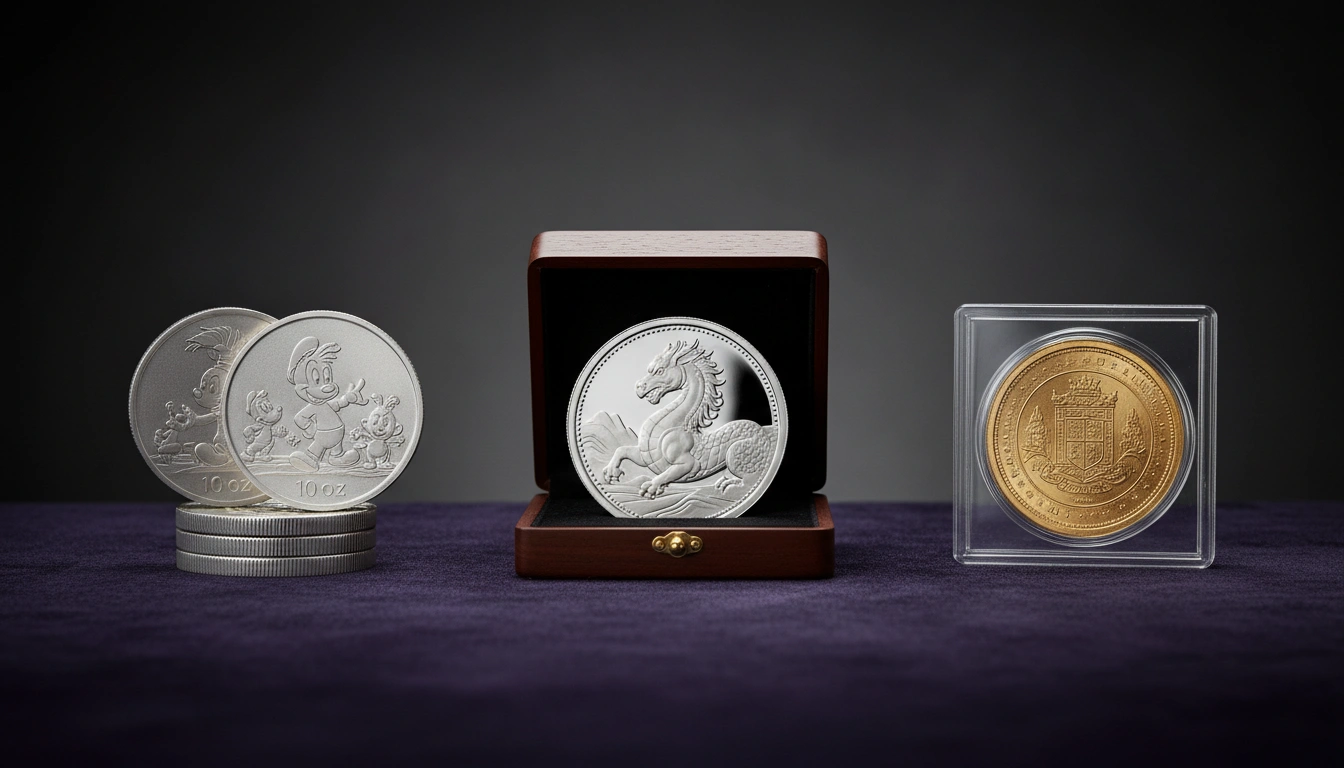 Three types of Disney collectible coins: bullion rounds, proof coin in case, and graded numismatic issue