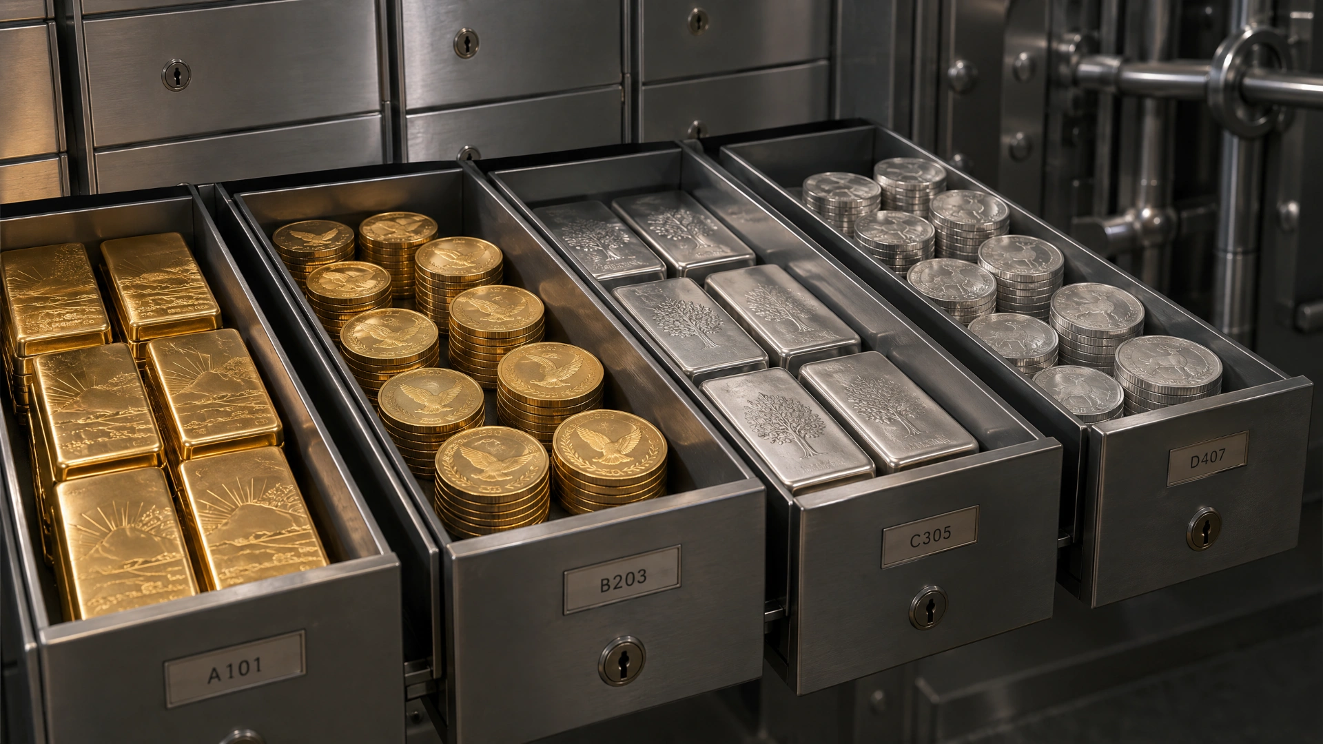 Individually separated trays of finished gold and silver bullion in a secure vault.