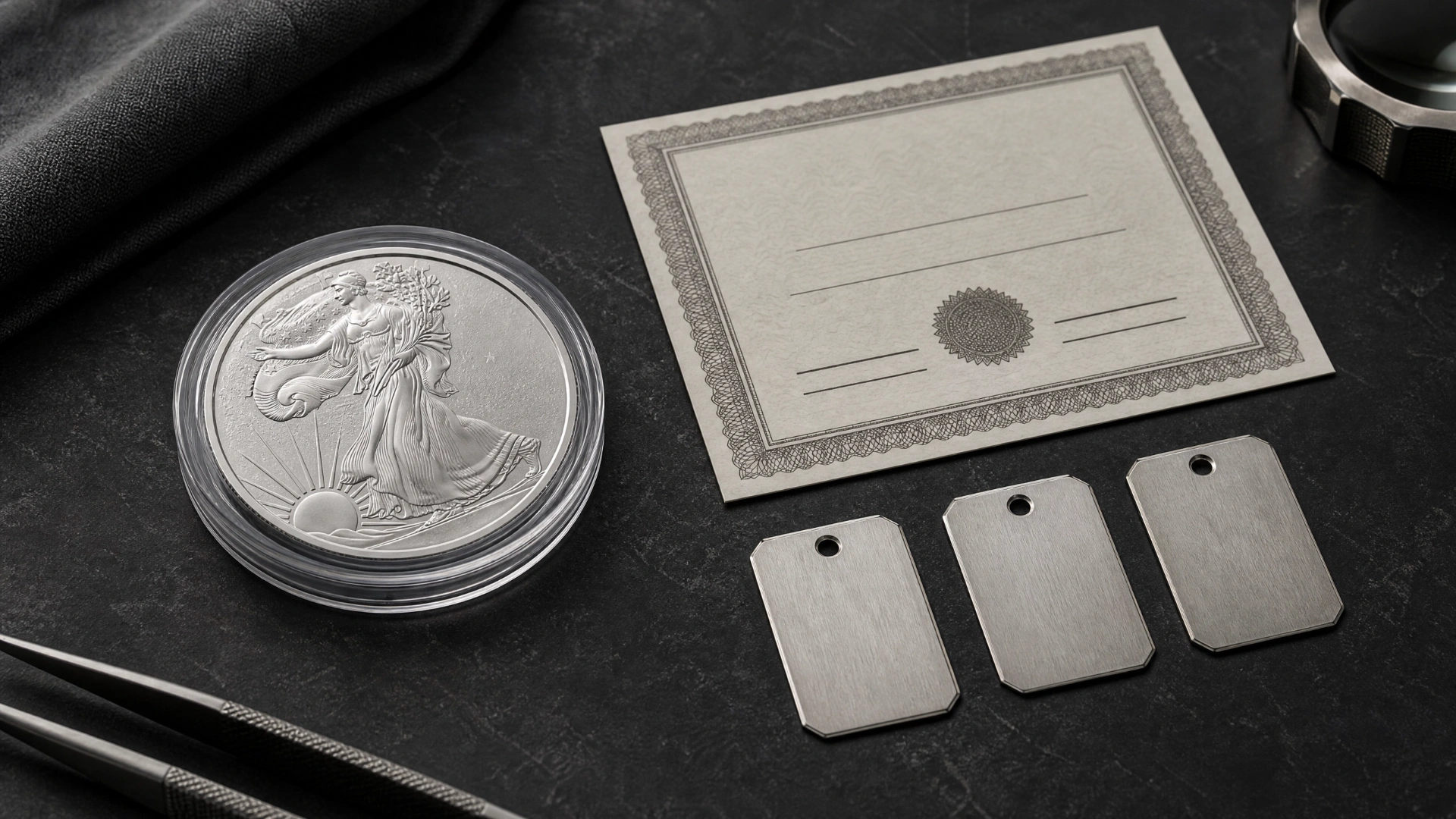 Silver collectible bullion coin beside a certificate of authenticity and three blank metal tags representing different production figures