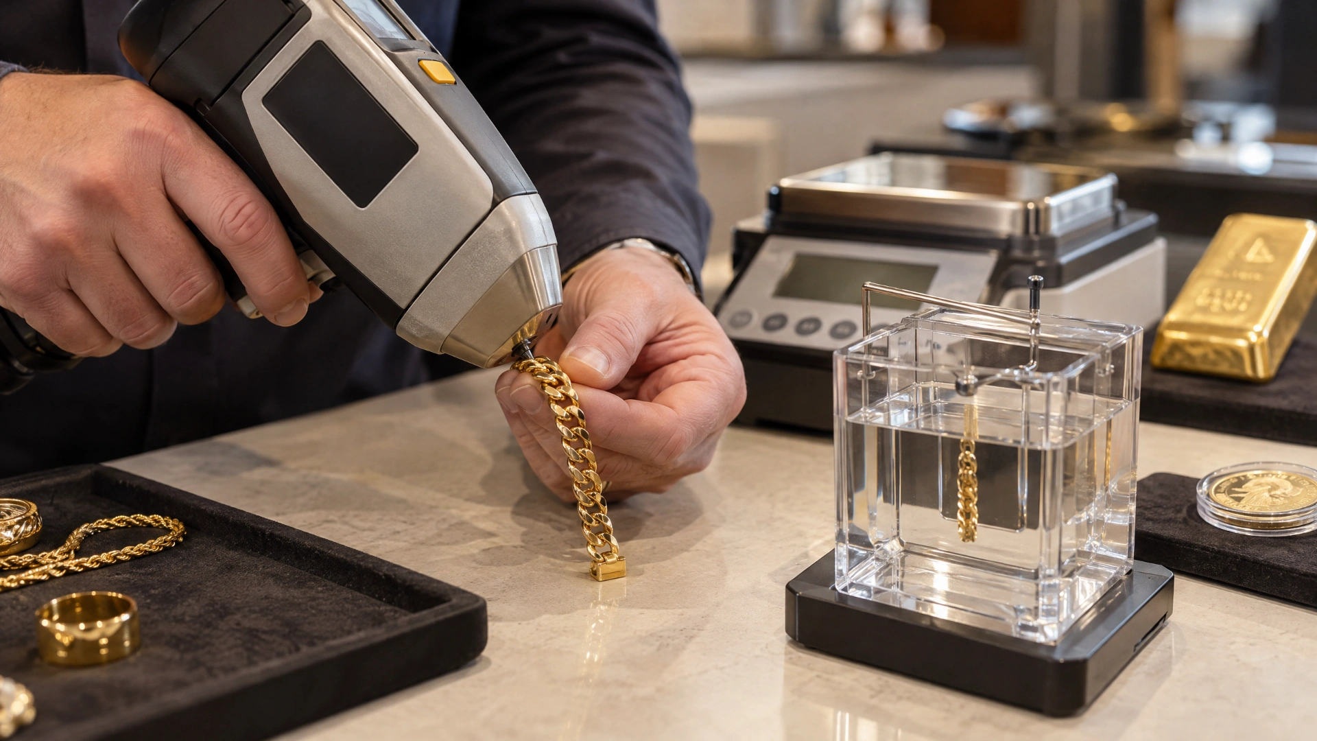 A specialist testing gold jewelry with a handheld analyzer at a clean counter