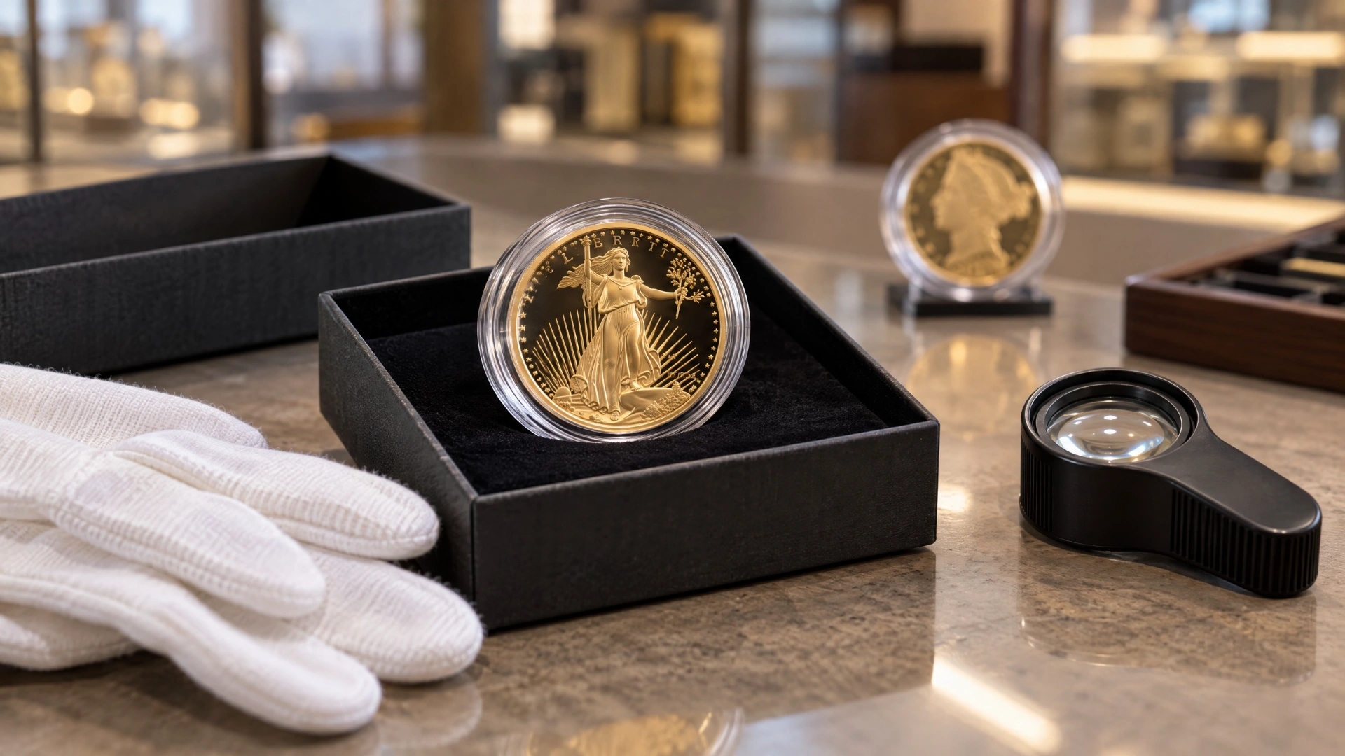 Proof coin in a capsule beside cotton gloves, a magnifier, and an archival box on a dealer counter