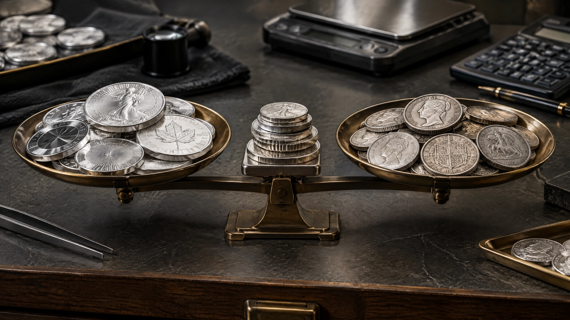 Two balanced trays of silver bullion representing the buy-side and sell-side quotes in a trade-in.