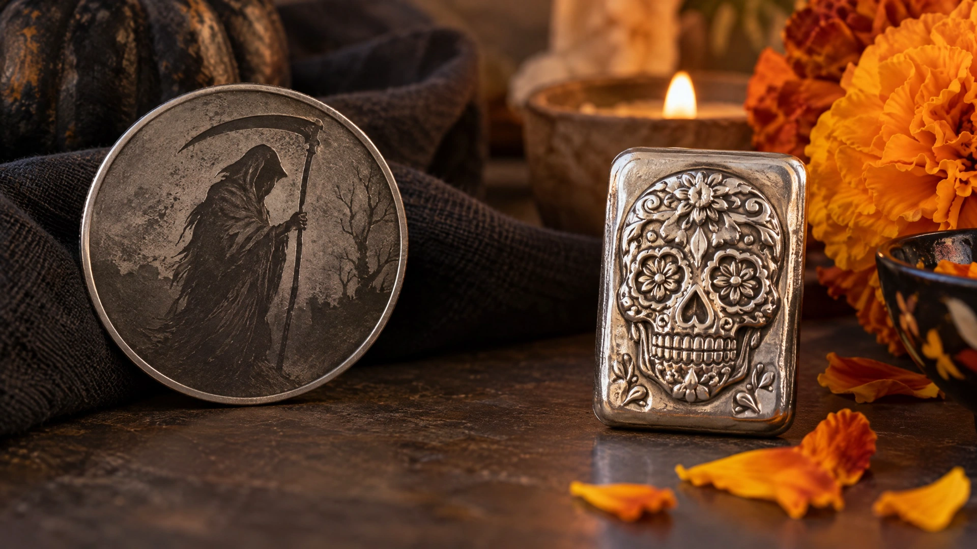 A reaper-themed silver round beside a sugar-skull silver art bar and marigold petals