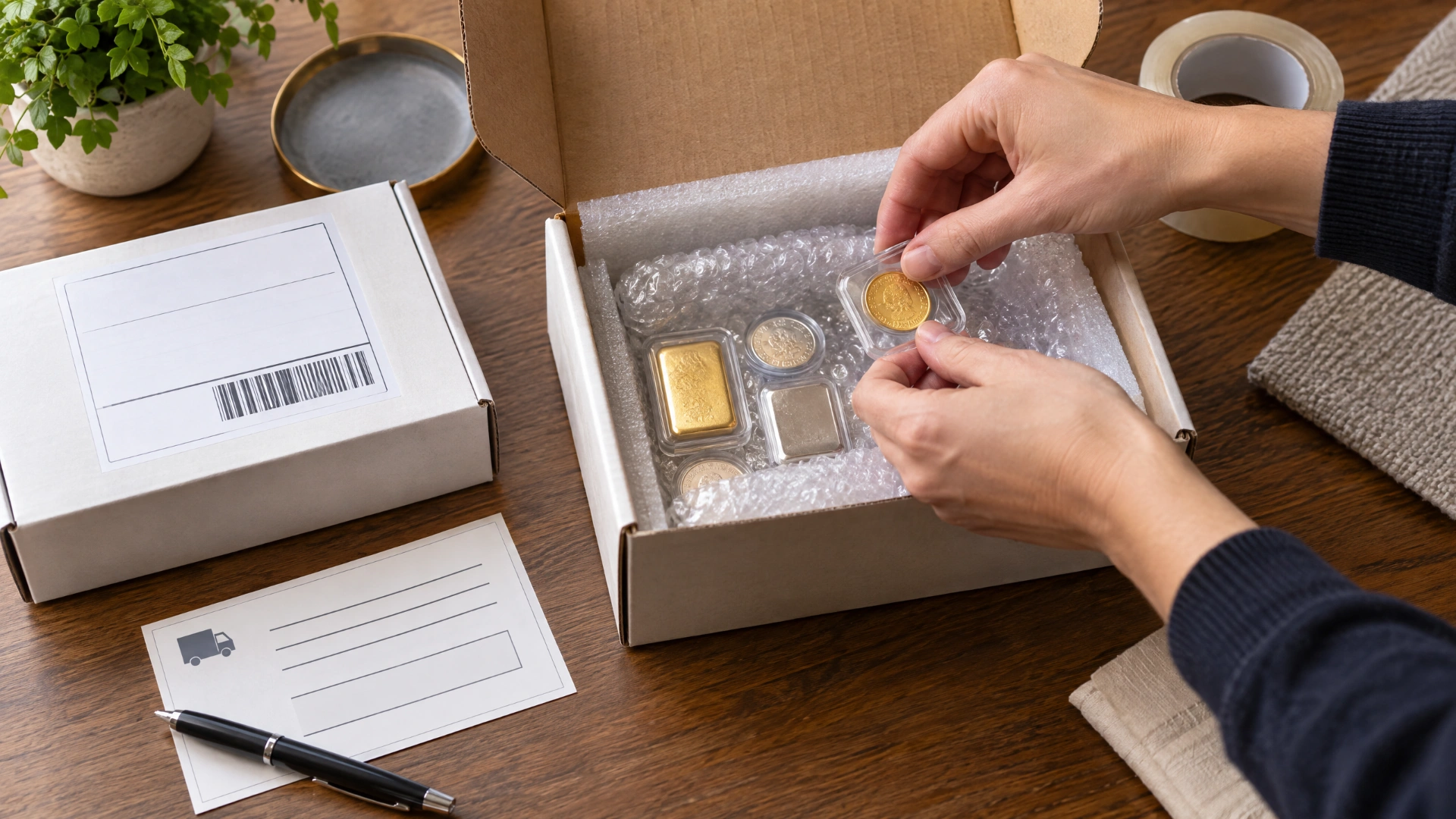 Hands carefully packing unbranded gold and silver items in a padded shipping box