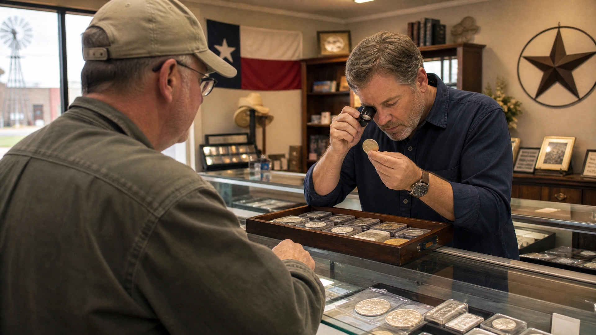 A dealer examining a coin with a loupe for a customer across an independent coin-shop counter