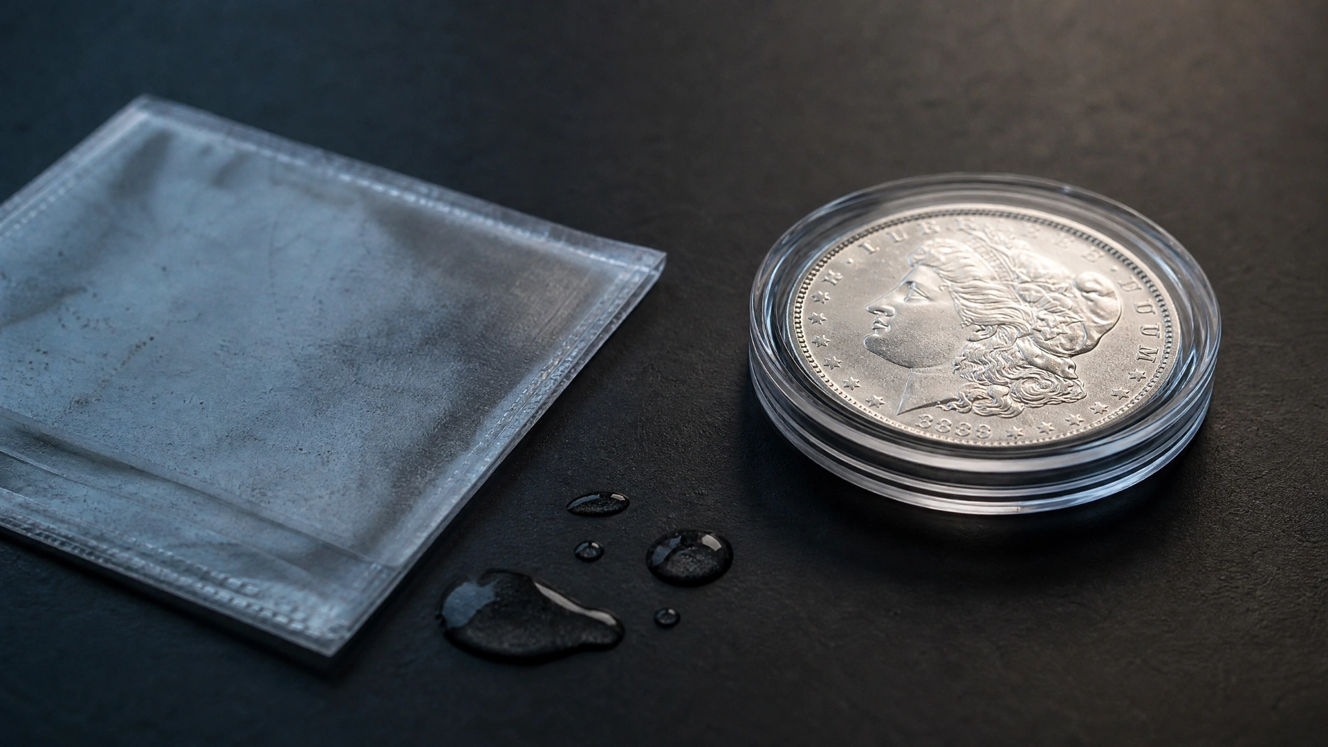 A silver coin in a rigid capsule beside a soft vinyl flip and moisture droplets, illustrating chemical exposure and physical contact risks