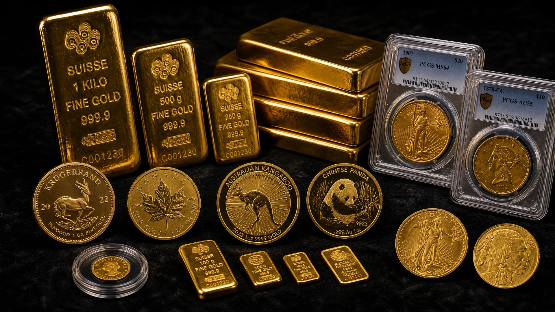 Variety of Gold Bullion Bars and Coins