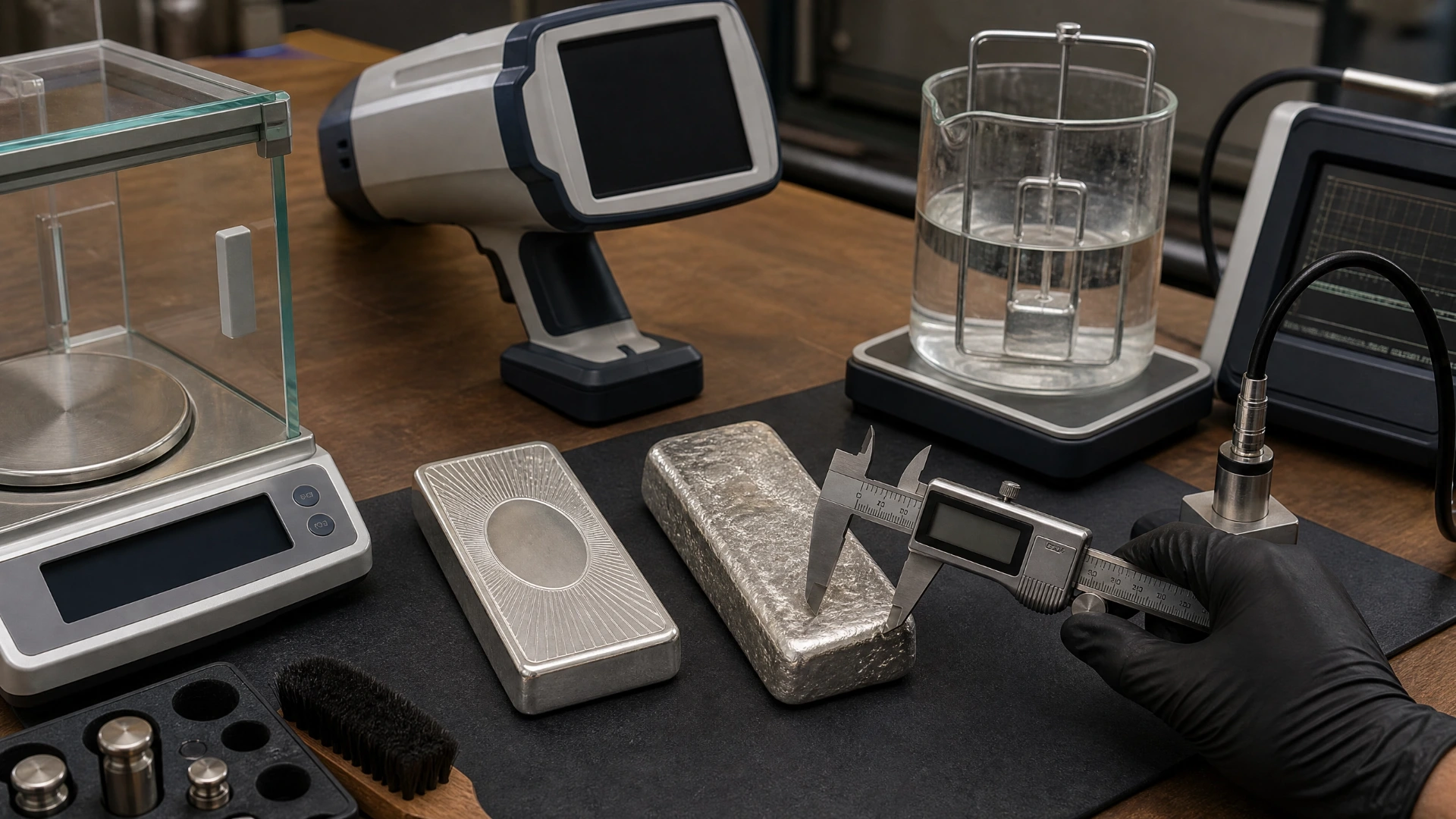 Minted and hand-poured silver bars being checked with a scale, calipers, XRF analyzer and other testing equipment