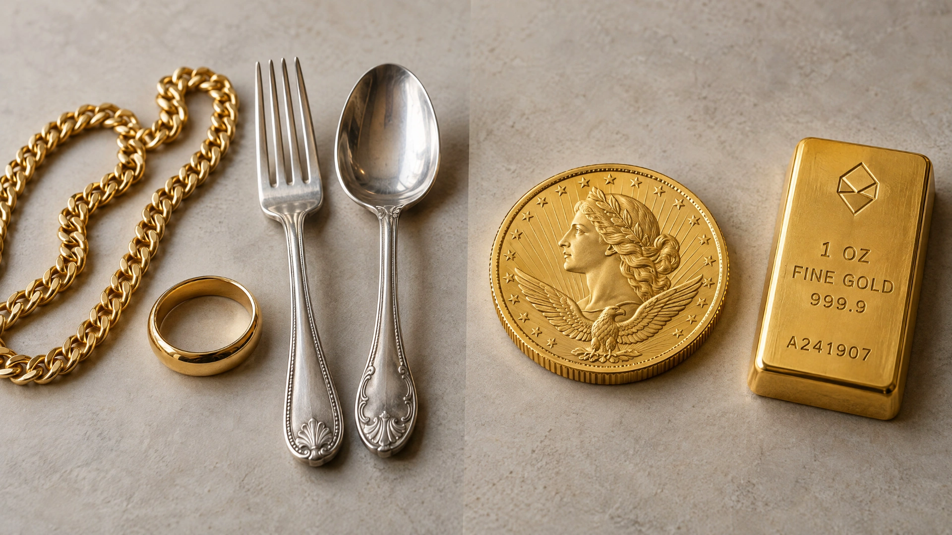 Gold jewelry and sterling flatware arranged separately from a finished gold bullion coin and stamped bar