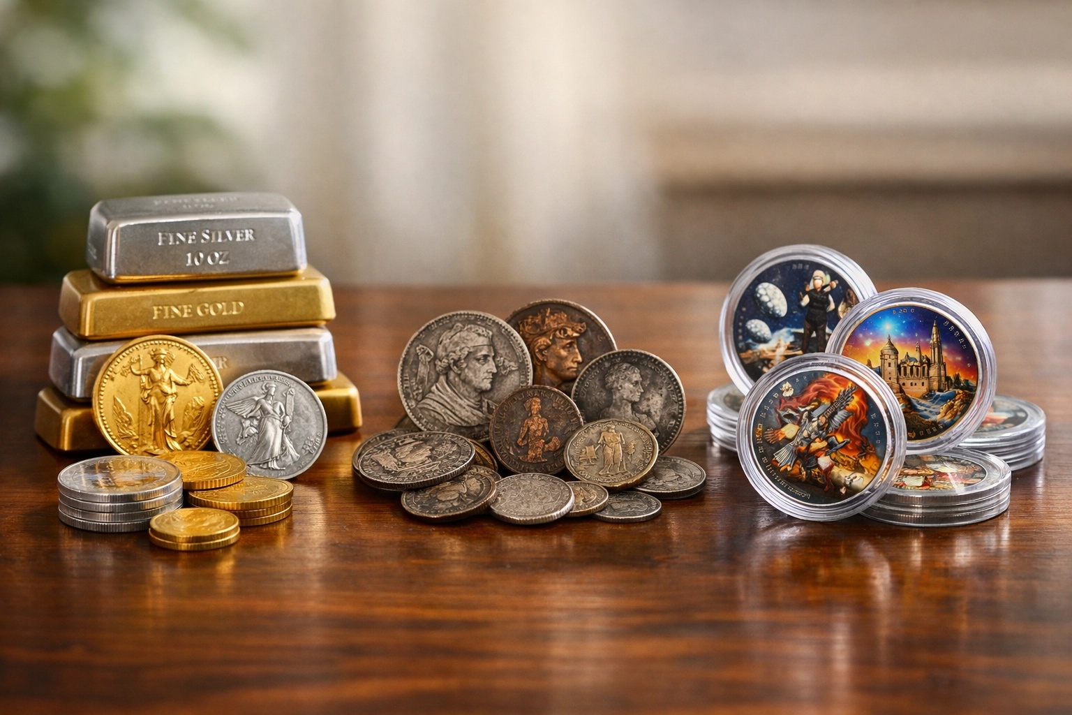 A table displaying an assortment of coins alongside several silver bars, showcasing various shapes and sizes.