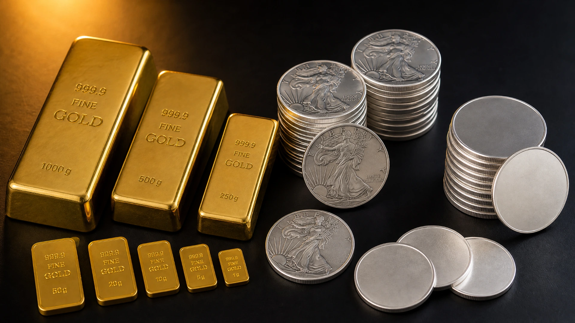 A curated collection of beginner-friendly bullion coins, gold bars, and silver rounds arranged on a dark surface