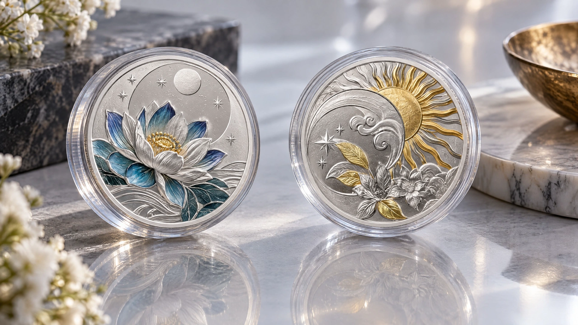 Silver collector coins in capsules with selective color and thin gold gilded accents on their raised designs