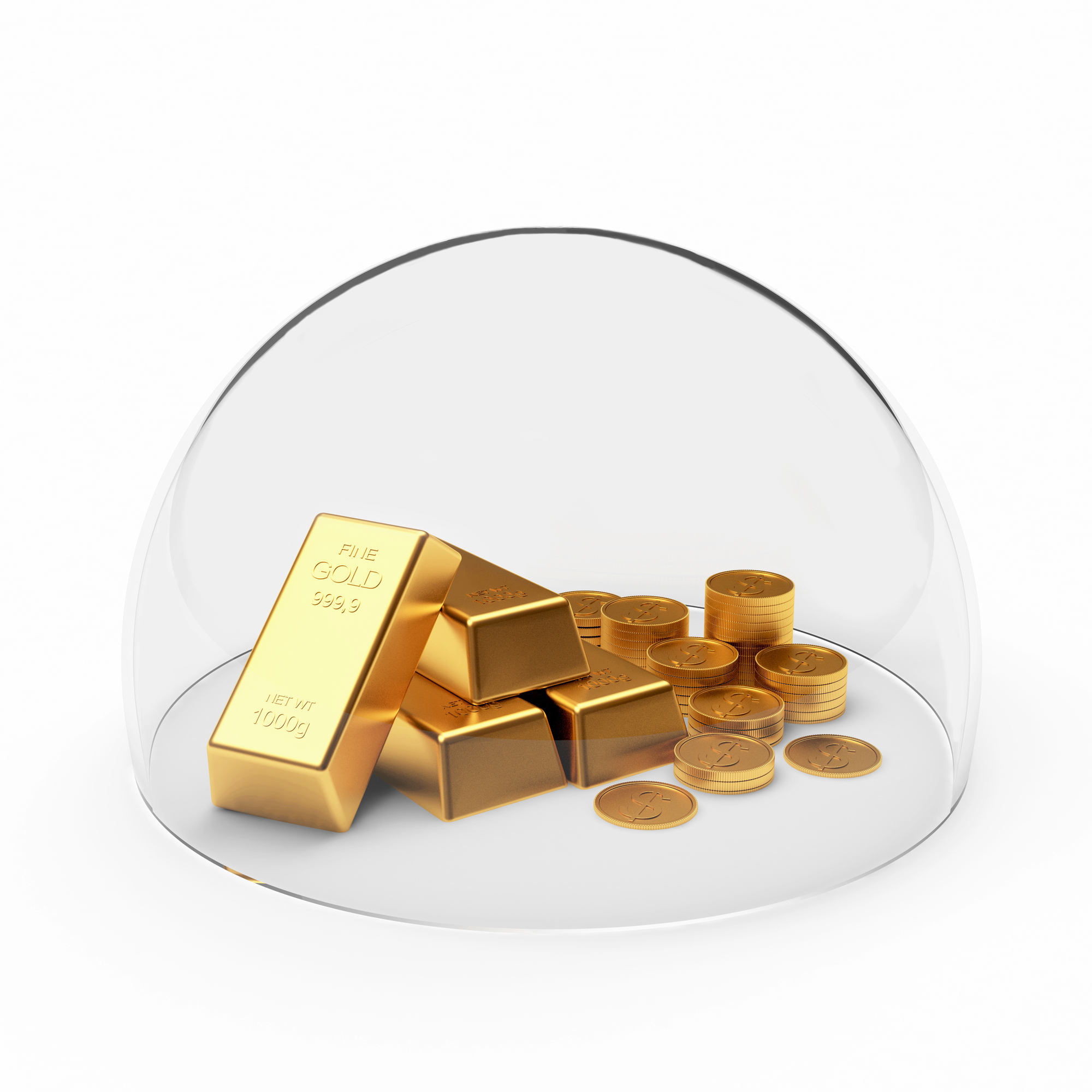 Gold bars and coins displayed under a glass dome, showcasing their gleaming surfaces and luxurious appearance.