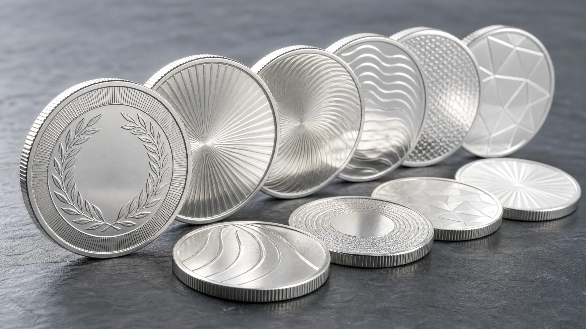 One-troy-ounce silver coins and rounds with generic designs, each carrying the same stated silver content