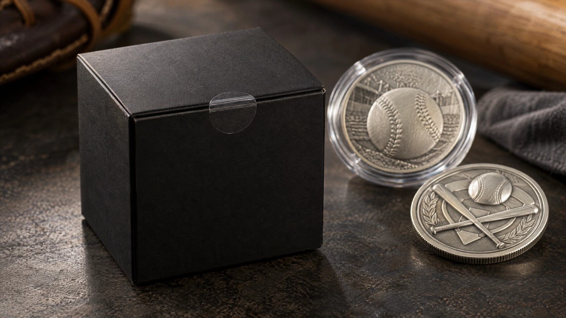 A sealed, unbranded collectible coin box beside capsule-protected silver baseball-themed coins