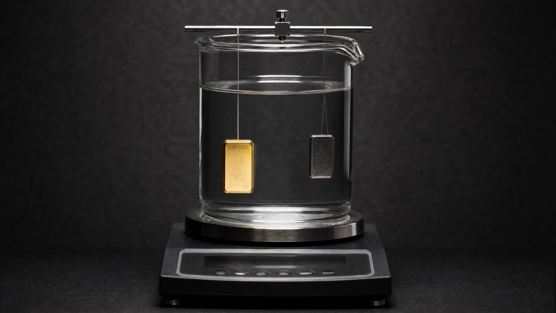 Gold and dark metal samples suspended in a glass water vessel above a precision balance