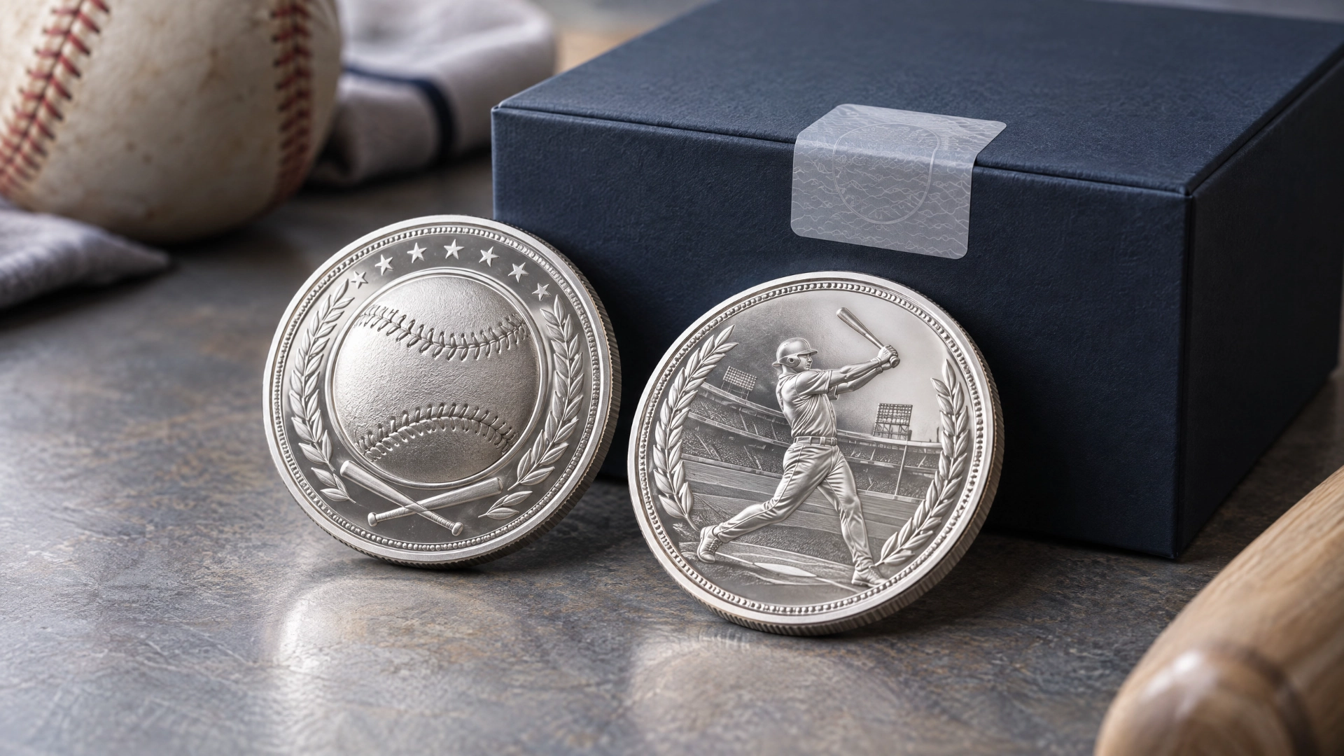 Two high-relief silver collectible coins with baseball motifs beside a sealed generic collector box