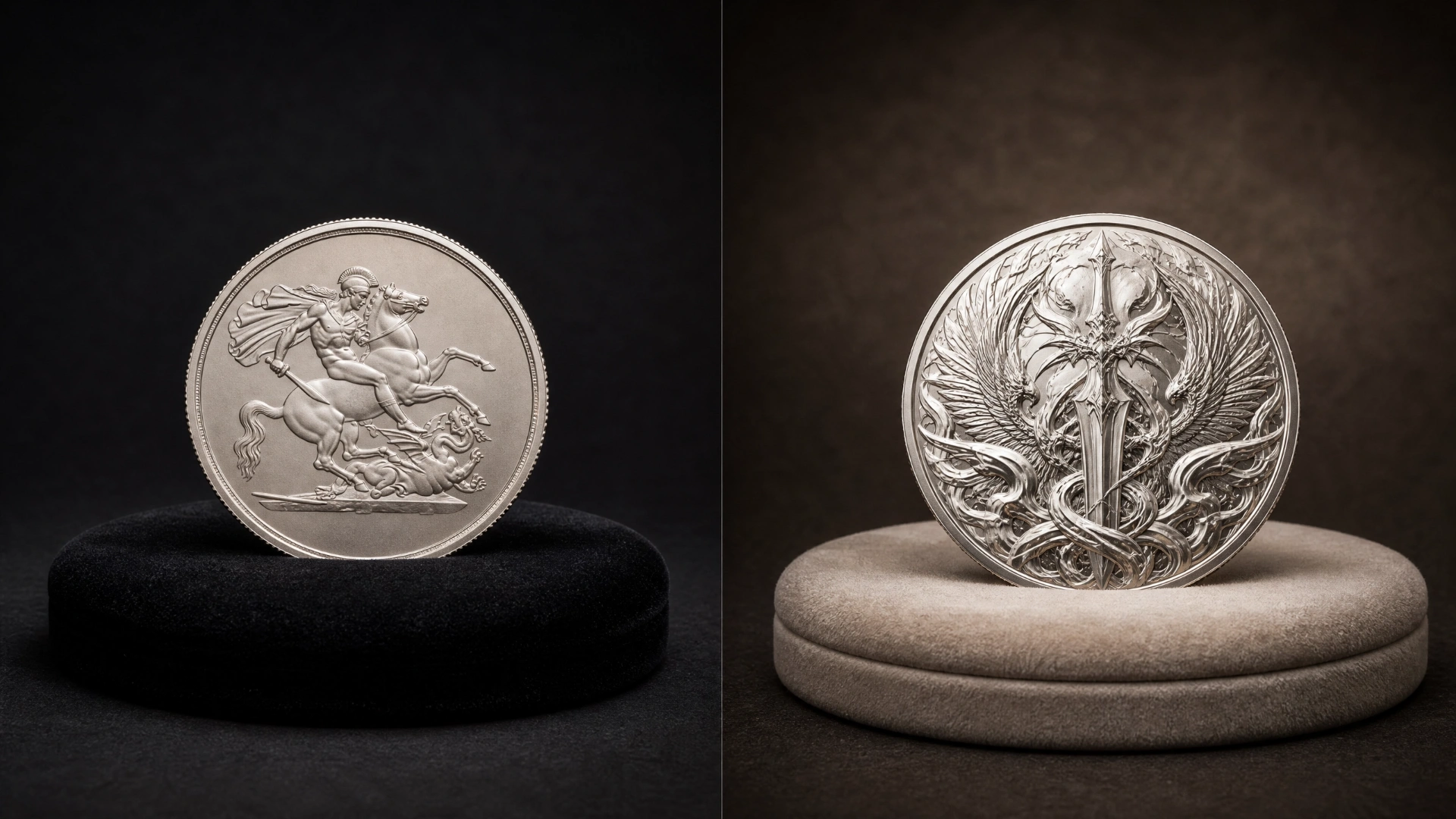 Side-by-side comparison of a plain sovereign-style bullion coin and an ornate original collectible-style silver coin