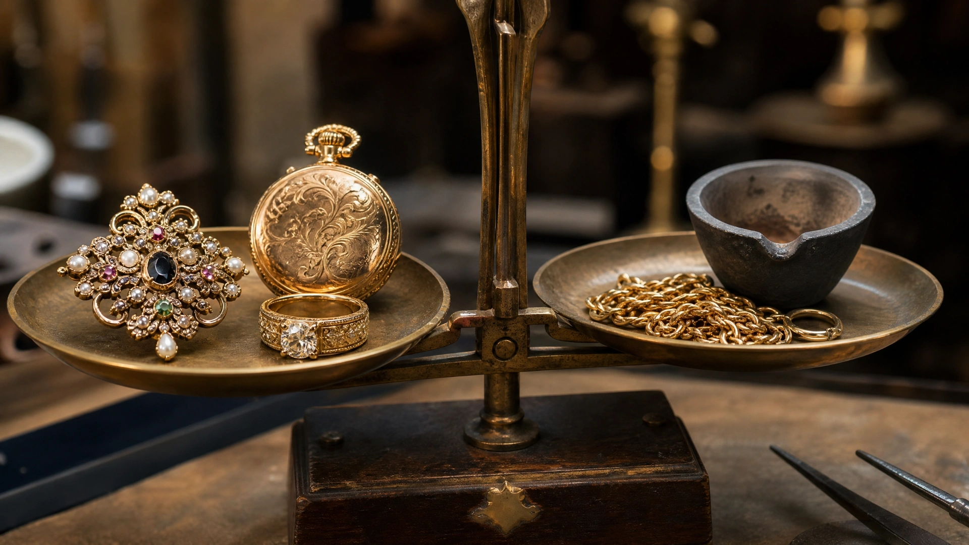 Ornate estate jewelry balanced against plain gold pieces on a vintage jeweler’s scale