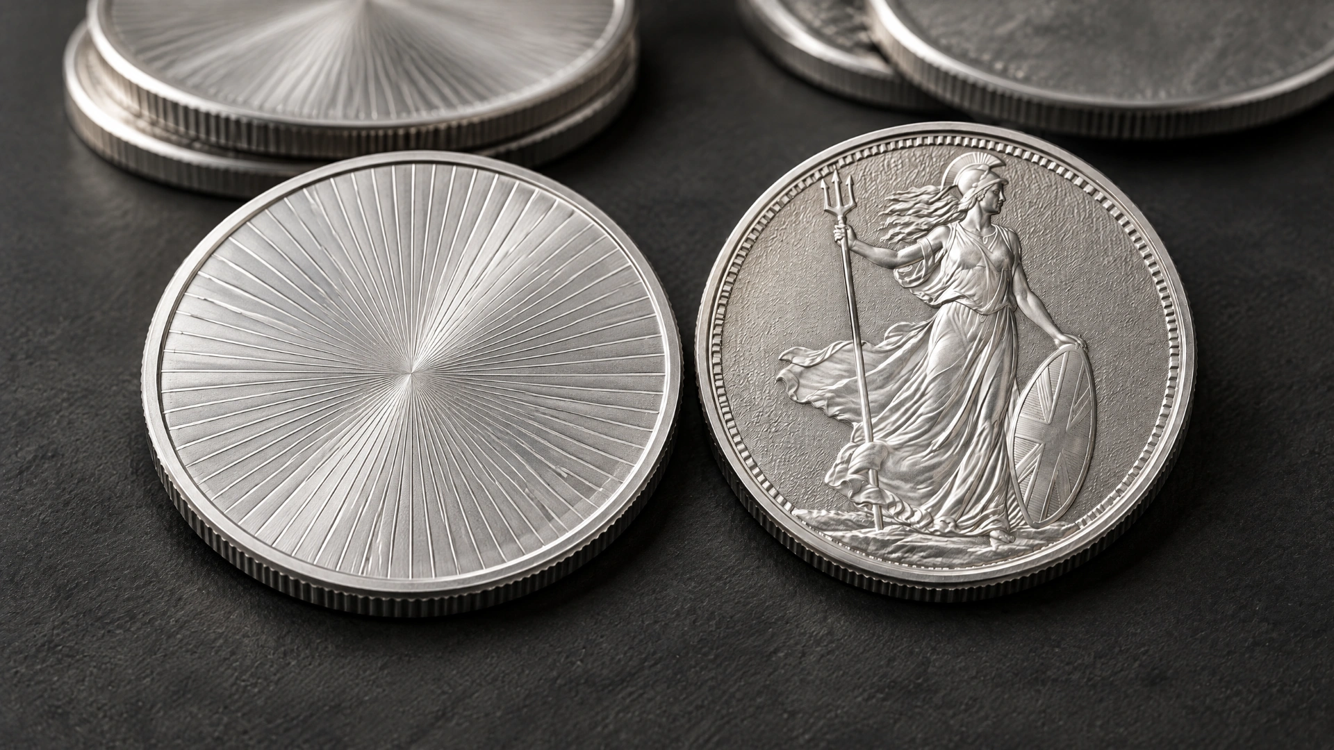 A plain generic silver round shown beside a sovereign-style silver bullion coin on a dark surface.