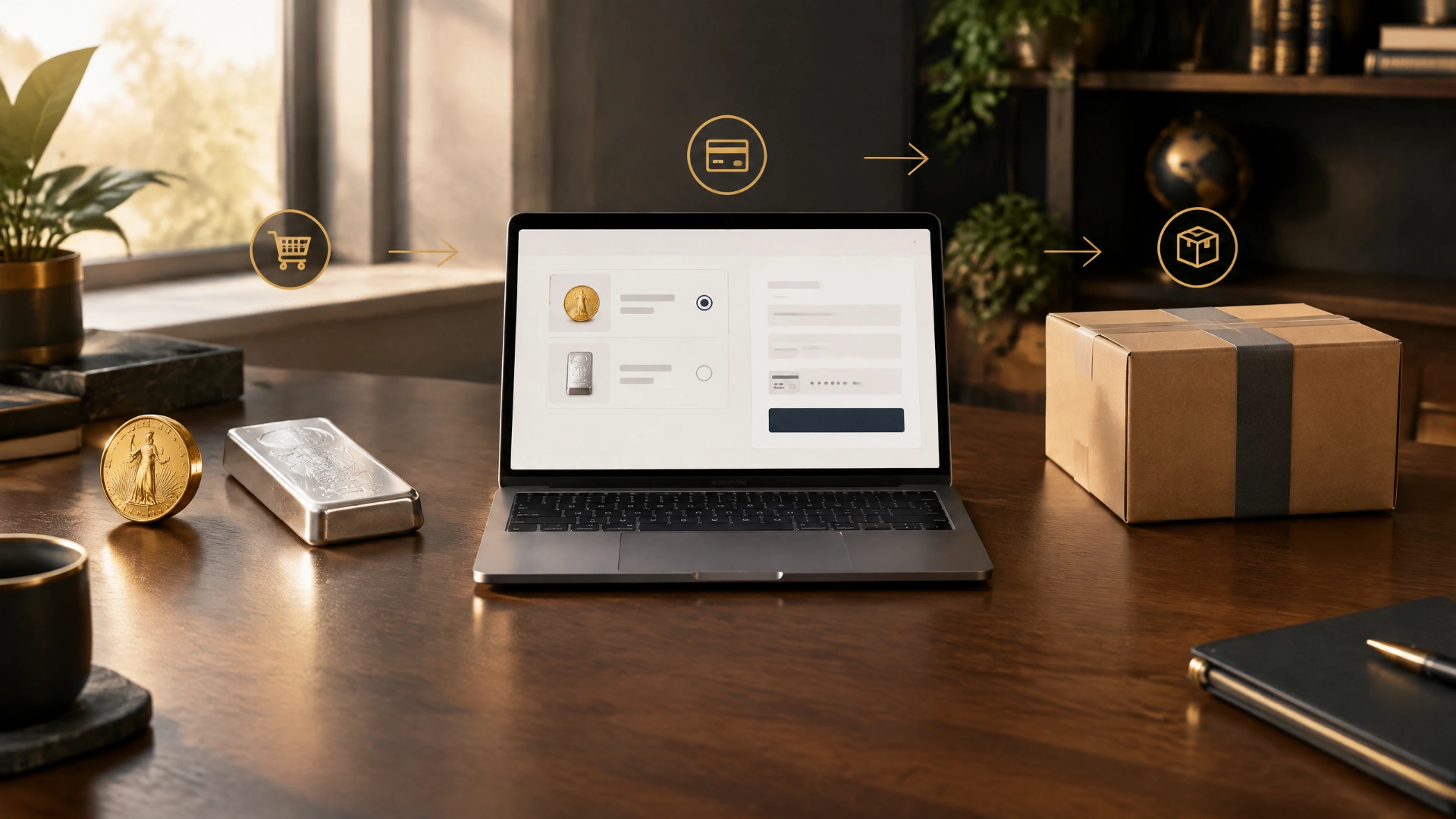 Gold and silver bullion beside a generic online checkout and a securely packed parcel