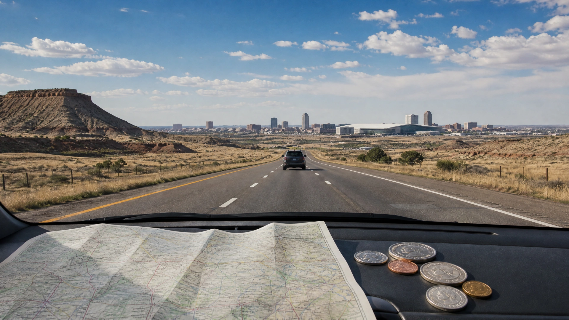 A highway crossing the West Texas landscape toward a distant city, with a road map and coins on the dashboard