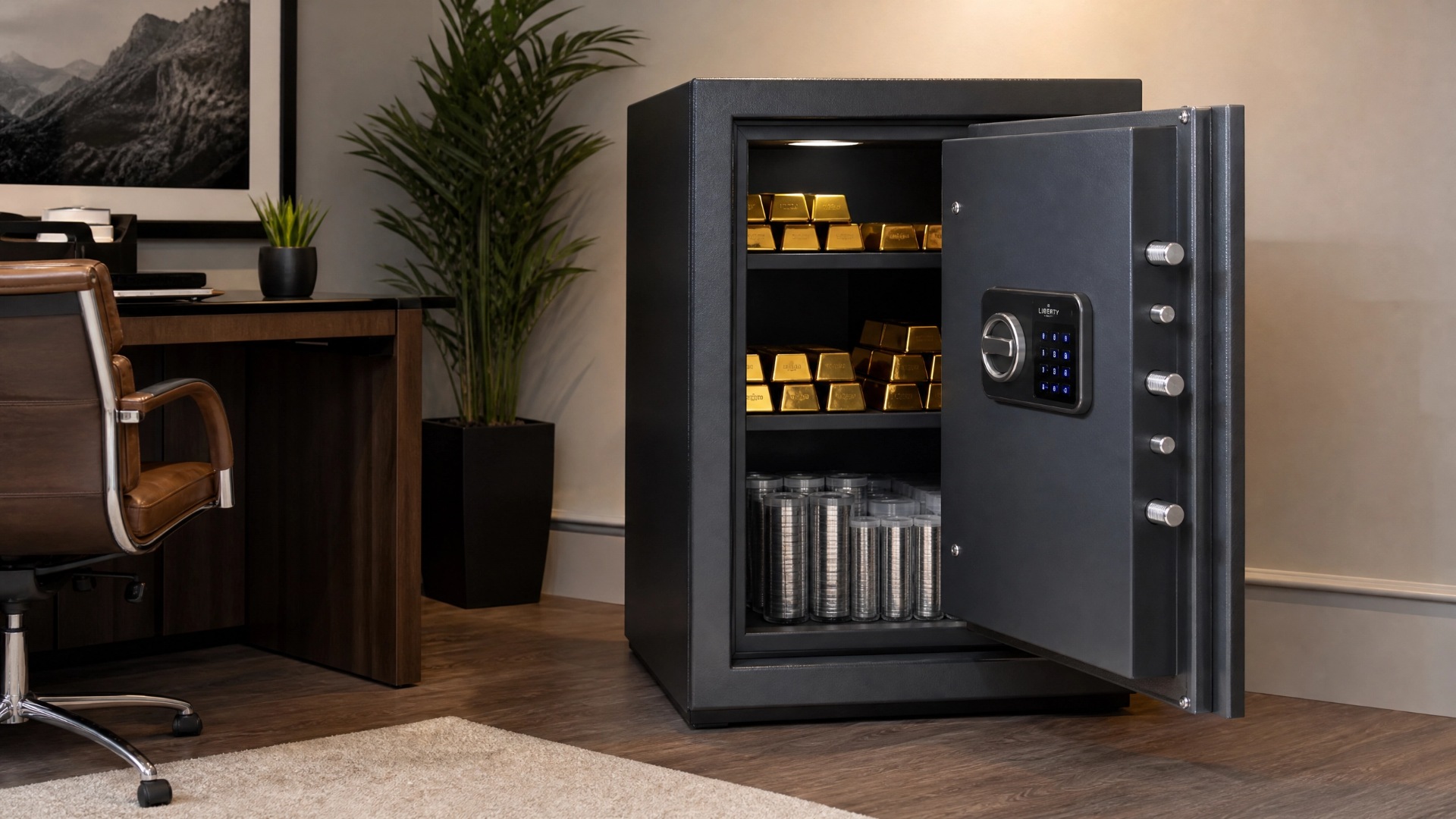 A secure safe filled with stacked gold bars, symbolizing wealth and security.