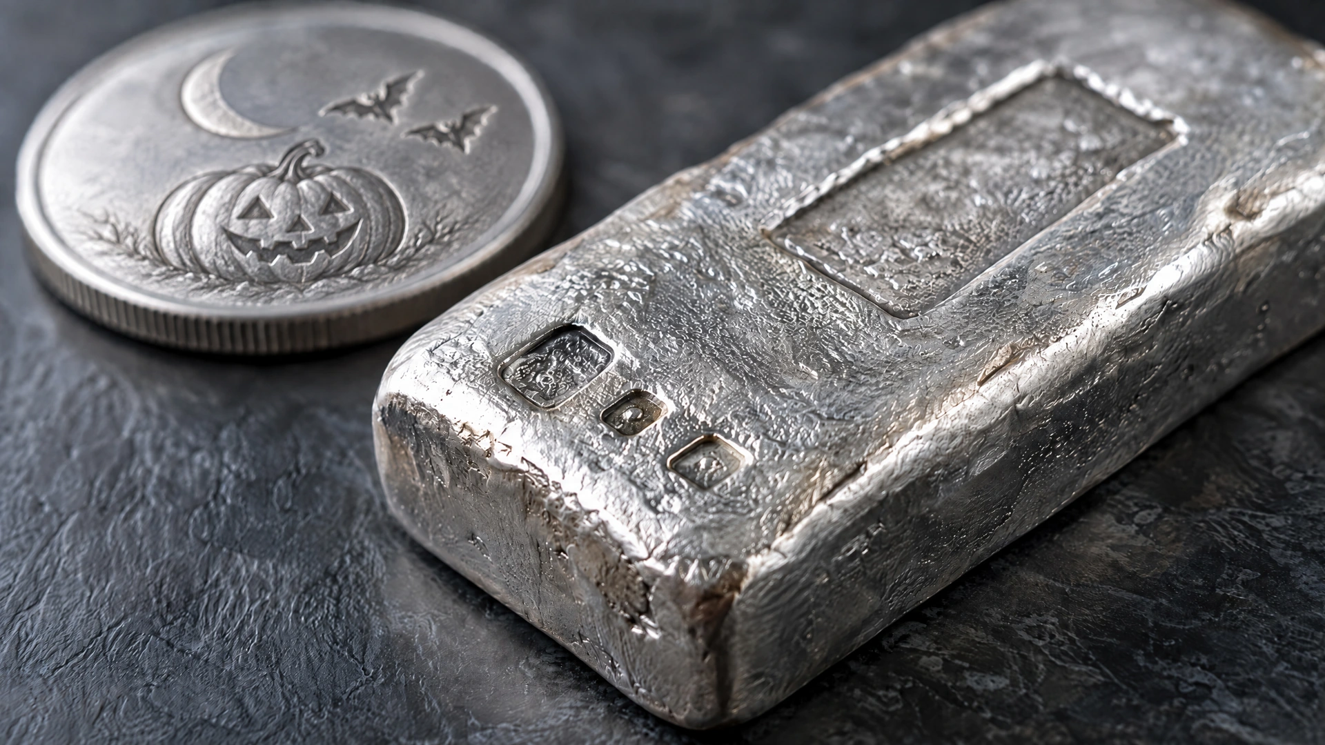 Close-up of a silver bar's reverse and edge, illustrating where weight and fineness marks may appear