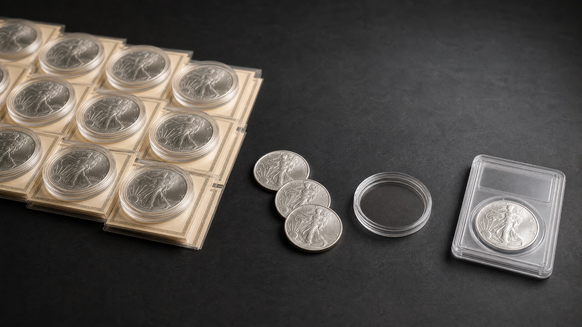 Multiple silver coins in capsules and certificates contrasted with a smaller group of loose coins and one neutral grading holder