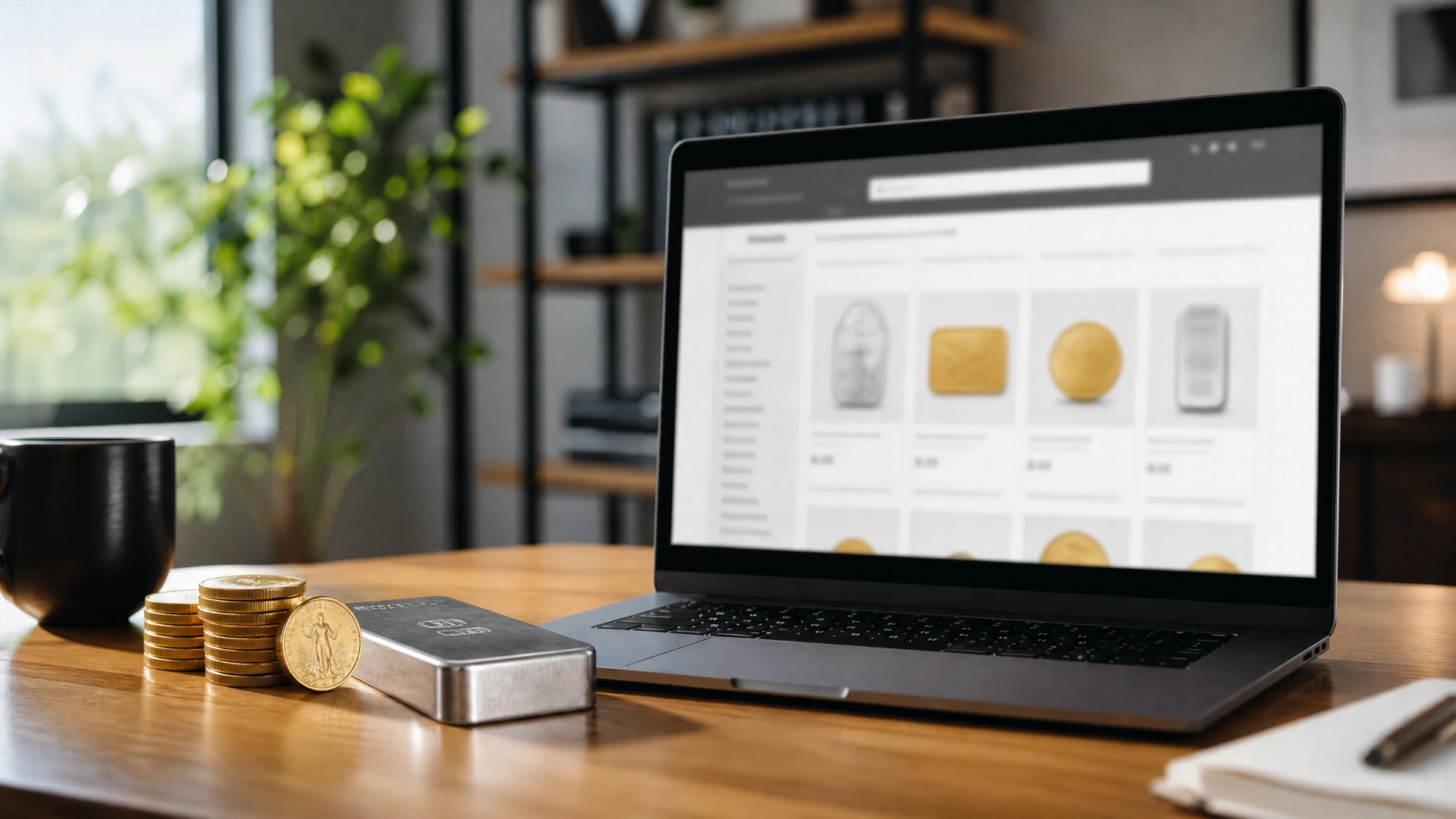 A laptop displaying an online precious metals store next to a stack of gold coins and a silver bar