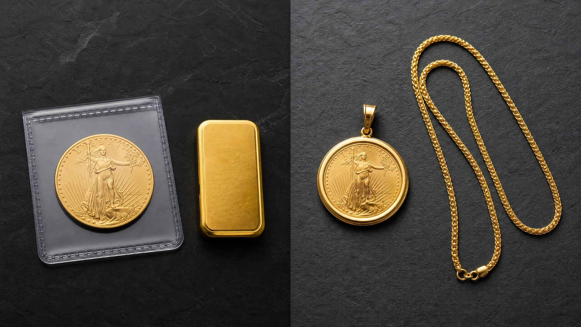 A loose gold coin and gold bar contrasted with a bezel-mounted coin pendant and gold chain