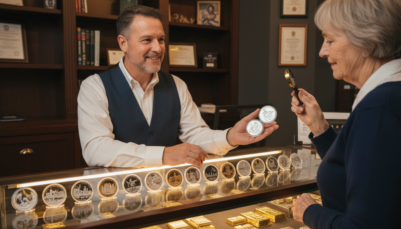 Coin dealer showing collectible coins to a customer at a display counter