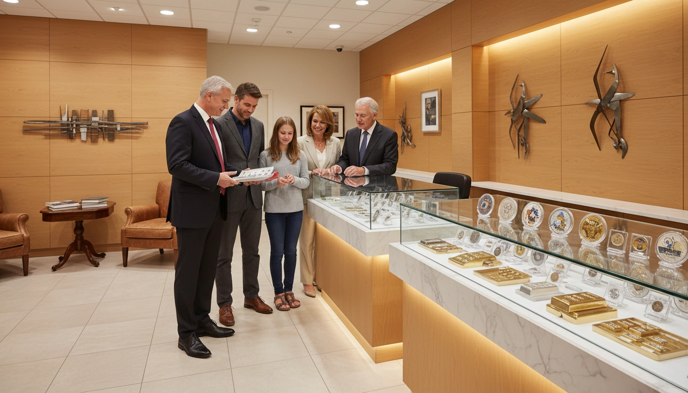 Stout Gold and Silver dealership interior with professional staff assisting customers