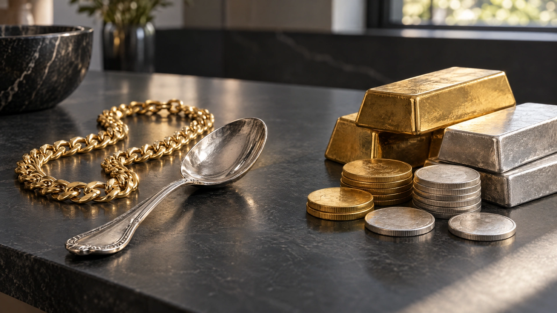 Unbranded jewelry and silverware arranged beside plain gold and silver bullion