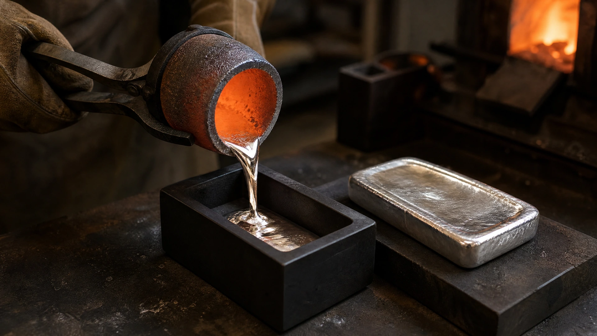Molten silver being poured into an open mould beside a cooling hand-poured bar