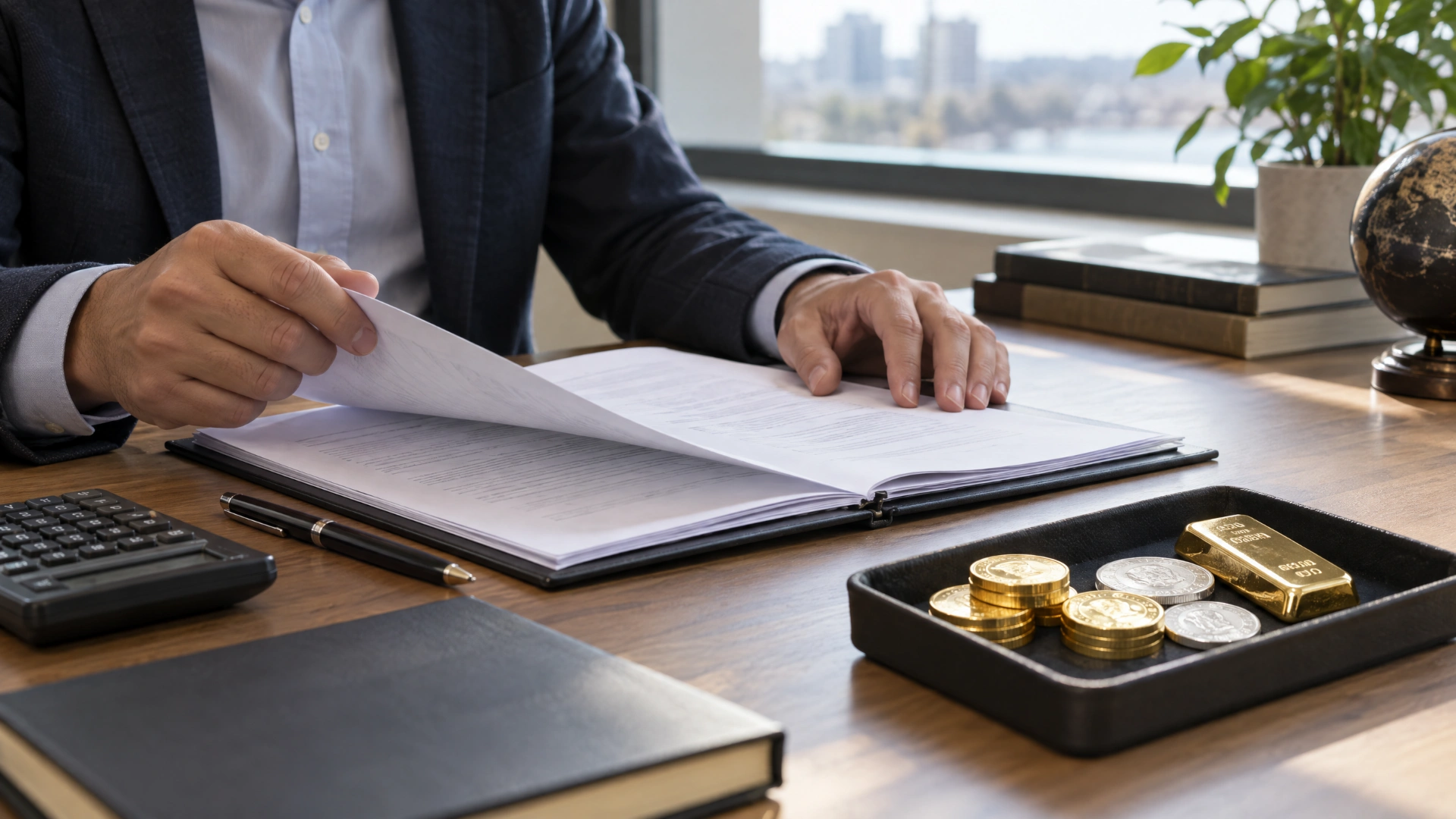 A customer reviews a storage agreement beside finished bullion products.