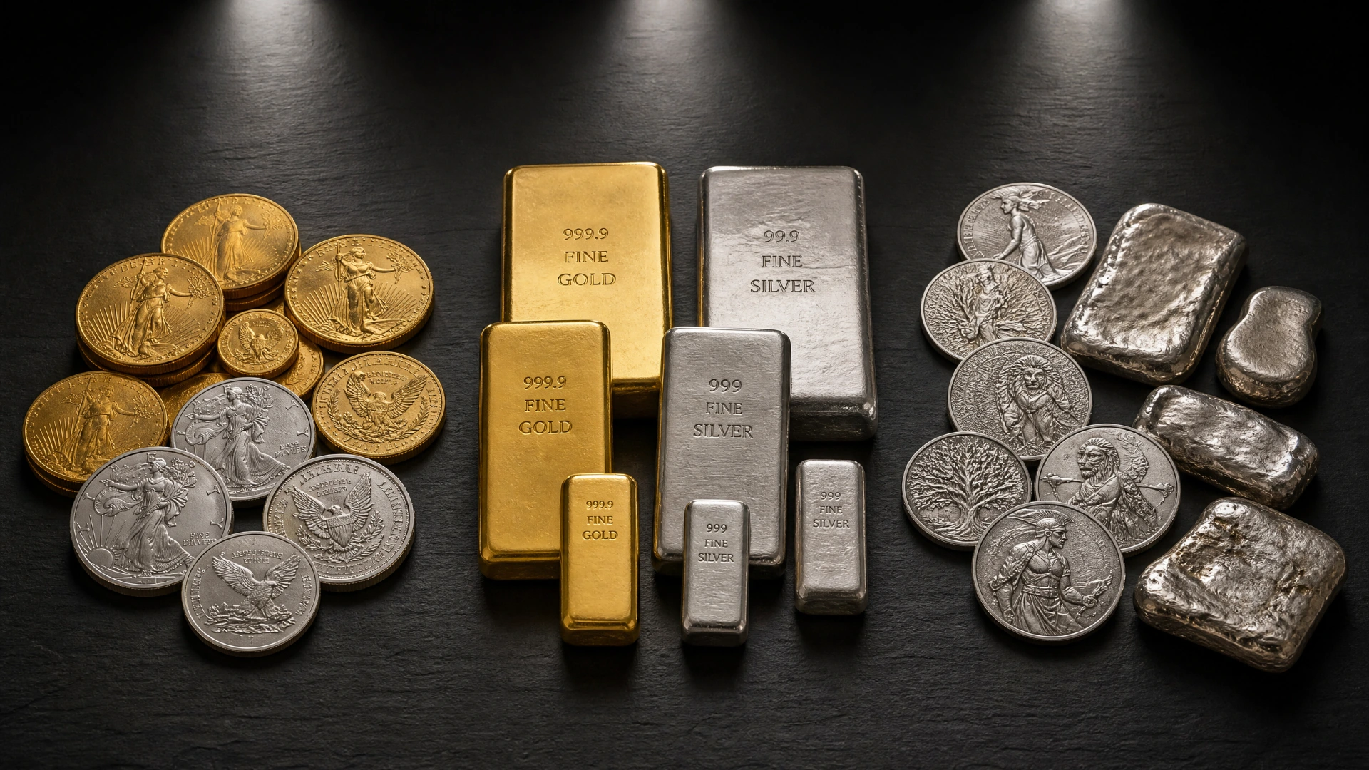Three categories of precious metal formats displayed: bullion coins, bullion bars, and artisan rounds on a dark surface
