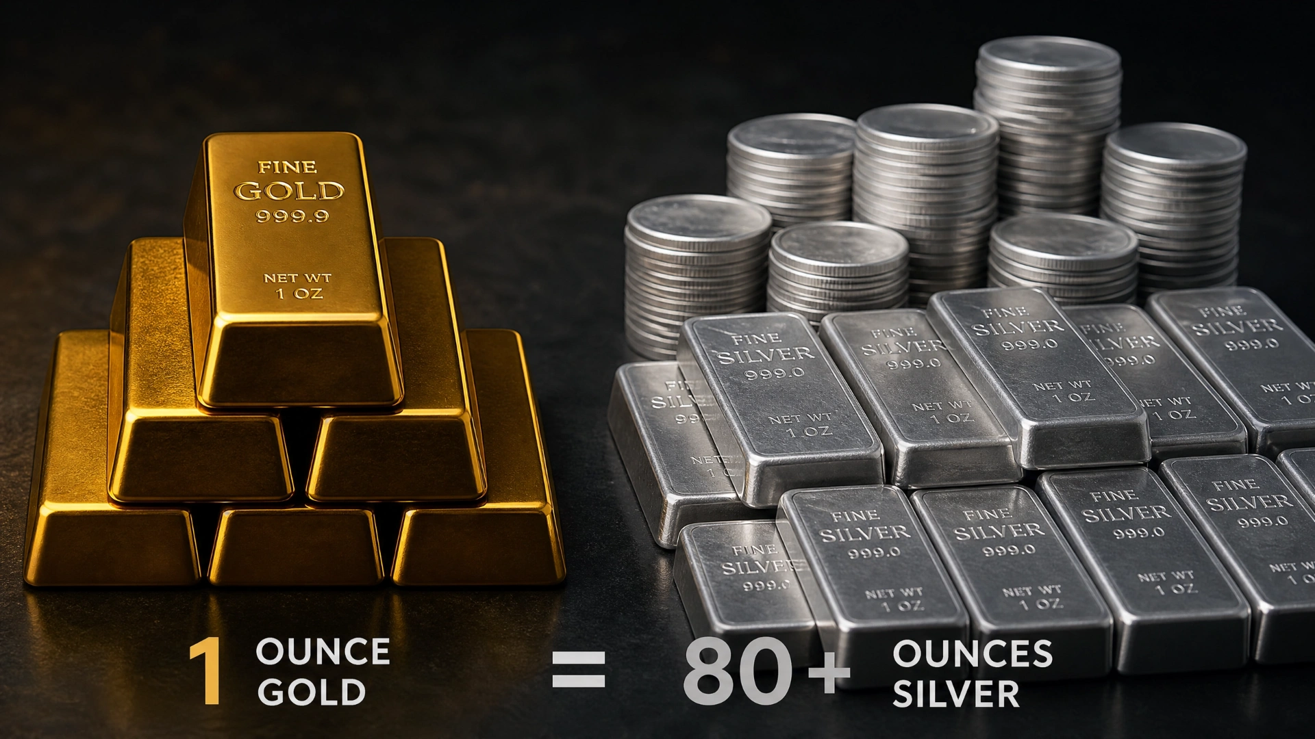 Gold-to-silver ratio concept showing gold bars versus silver bars and coins