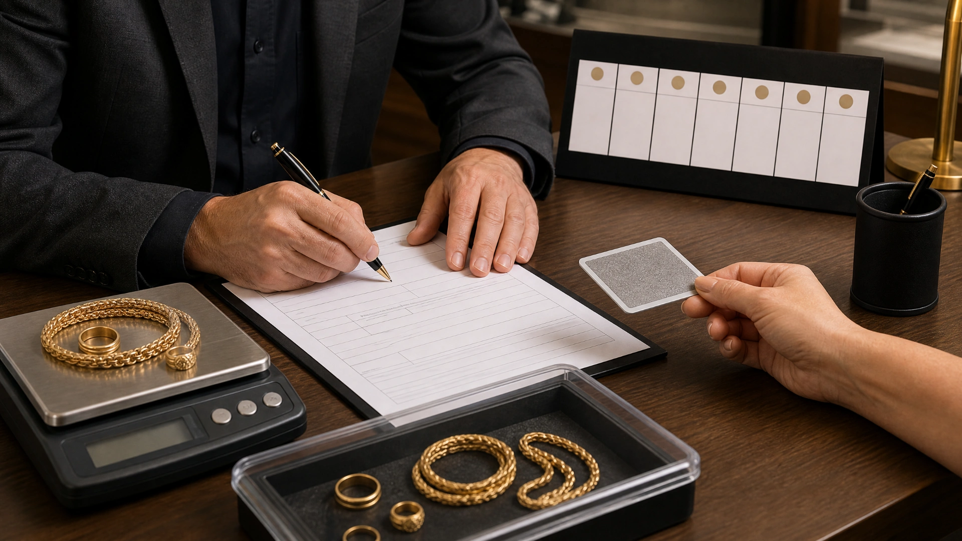 Gold jewelry beside blank paperwork, an identification card, and a secured tray on a dealer desk